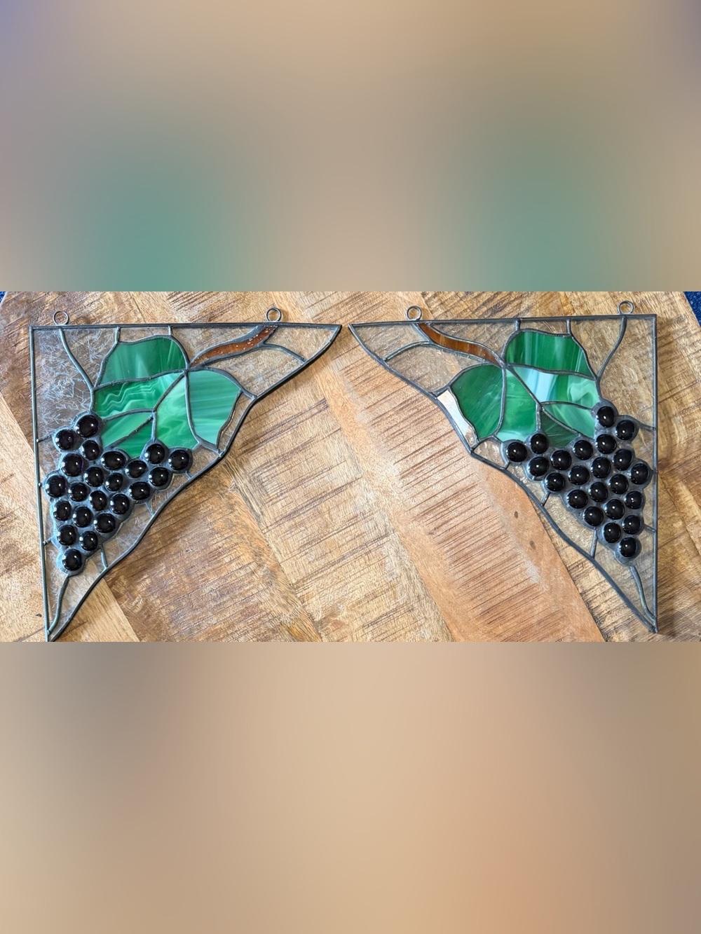 Pair of Stained Glass Grapevine Corner Window Panels | Green Leaves & Grapes